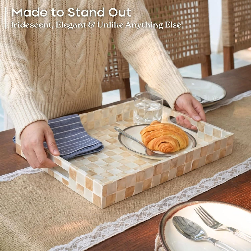 15.8" x 11.8" Rectangle Serving Tray with Handles, Capiz Shells Checkered Rectangular Tray for Ottoman Table, Mother