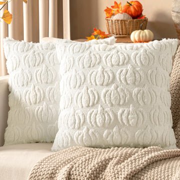 Fall Decorative Pillow Covers 20x20 Inch, Cream White, Set of 2 Pumpkin Halloween Thanksgiving Autumn Harvest Soft