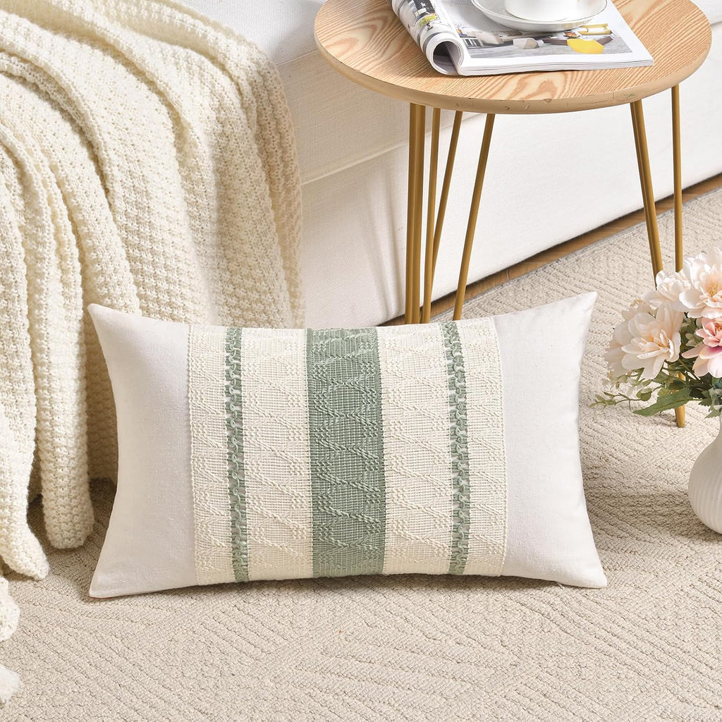 Set of 2 Sage Green Boho Lumbar Decorative Throw Pillow Covers 12x20 Inch, Rustic Retro Cushion Case, Bohemian Room