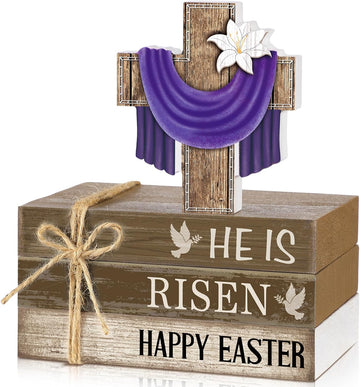 Easter Decorations He is Risen Wooden Sign Christian Table Centerpiece Religious Cross Tiered Tray Decor - Set of 4