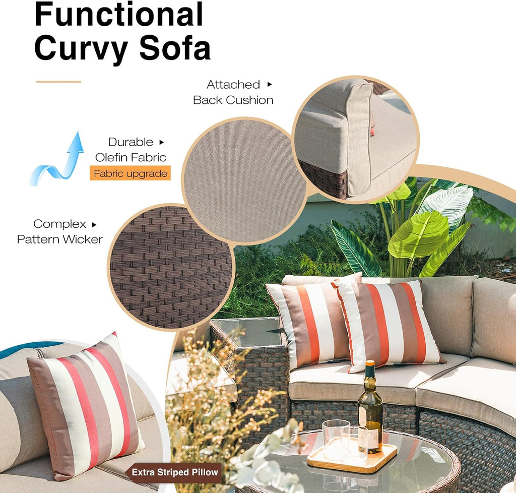 7-Piece Modular Outdoor Curved Sectional Patio Conversation Set | with Round Coffee Table, Side Tables, Waterproof