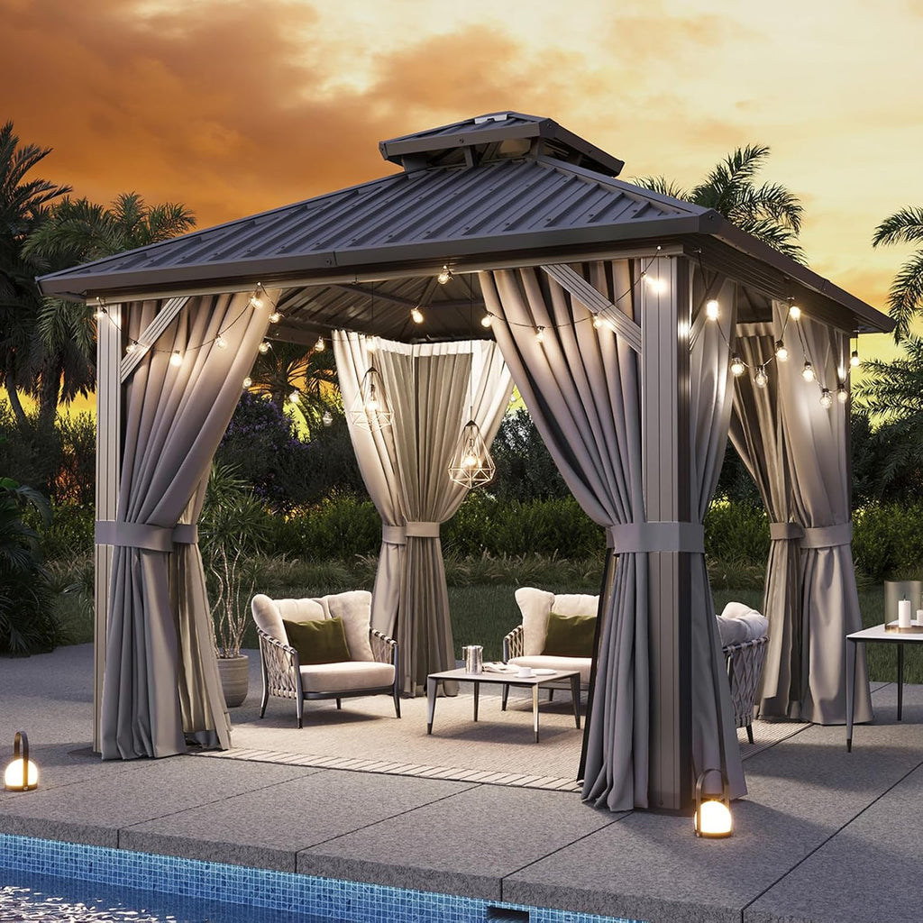 10’x12’ Hardtop Gazebo, Permanent Metal Pavilion with Galvanized Steel Double Roof