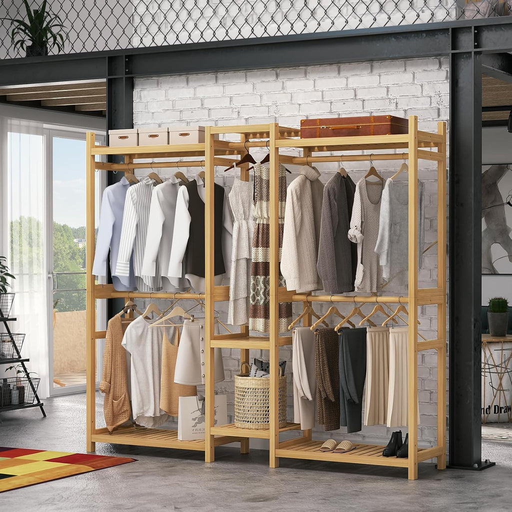 Bamboo Closet System Clothes Rack, Large Freestanding Garment Rack Clothing Rack for Hanging Clothes with 7 Storage