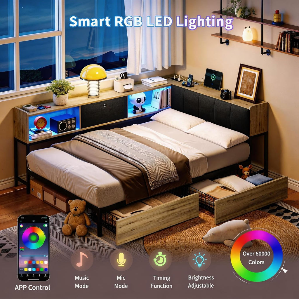 Twin Corner Bed Frame with 2 Storage Drawers, LED Lights & Charging Station, Storage Upholstered Headboard, Sturdy