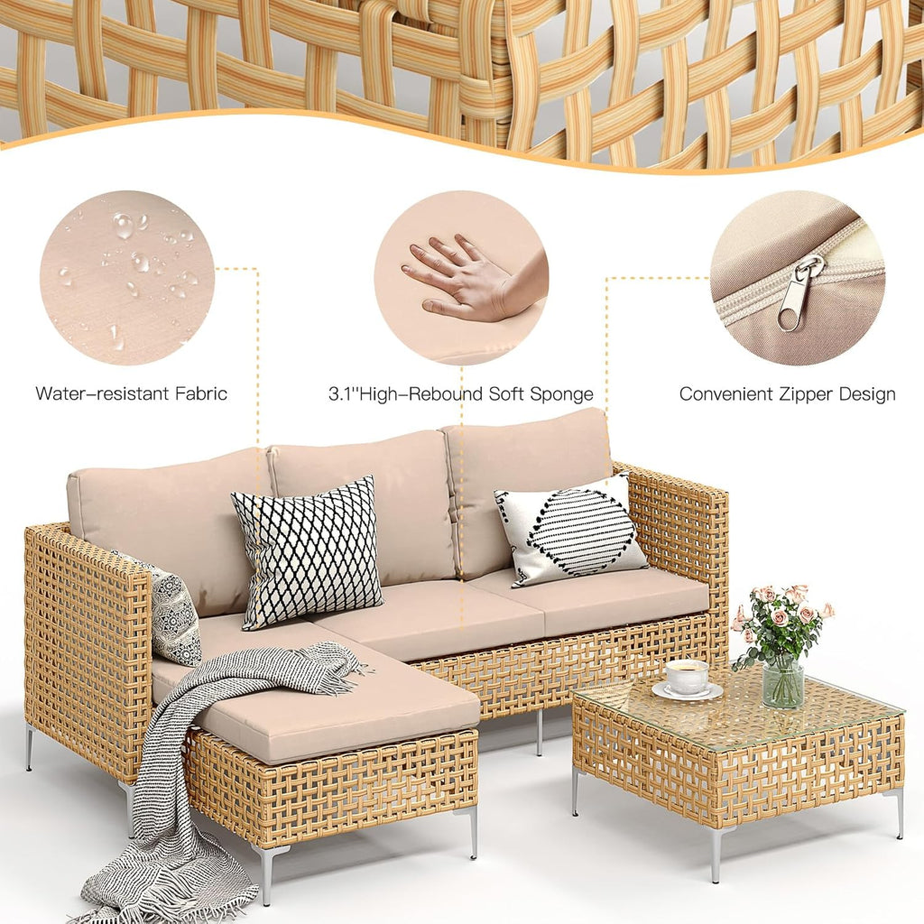 Small L-Shaped Patio Furniture Set - Weather Resistant Wicker Sectional Chaise Sofa with Thick Cushions & Tempered