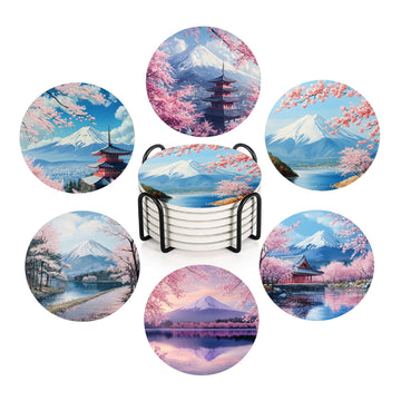 Japanese Cherry Blossom and Fujiyama Mountain Landscape Coasters Set of 6 for Drinks, Round Absorbent Ceramic Stone