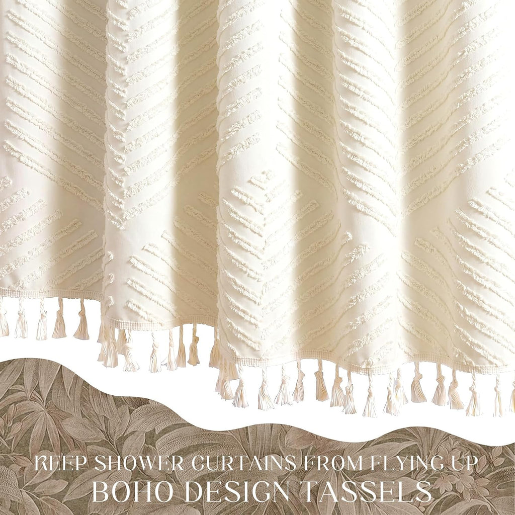 Cream White Boho Shower Curtain 72 x 72'' Neutral Textured Shower Curtain Woven Fabric Bathroom Curtains with Tassel