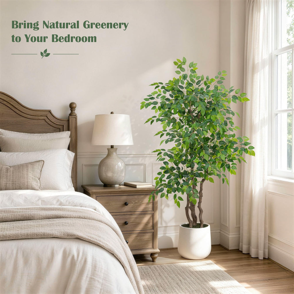 Ficus Tree Artificial 5 Ft with White Planter, Triple Natural Trunks, Dense Layered Foliage, 60" Tall Artificial Ficus