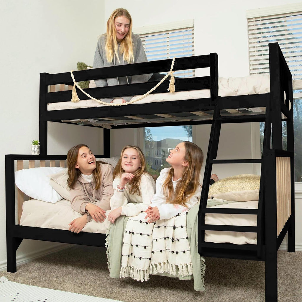 Bunk Bed, Scandinavian Modern Bunk Bed, Solid Wood Twin Over Full Bed Frame for Kids, No Box Spring Needed, Black/Blonde