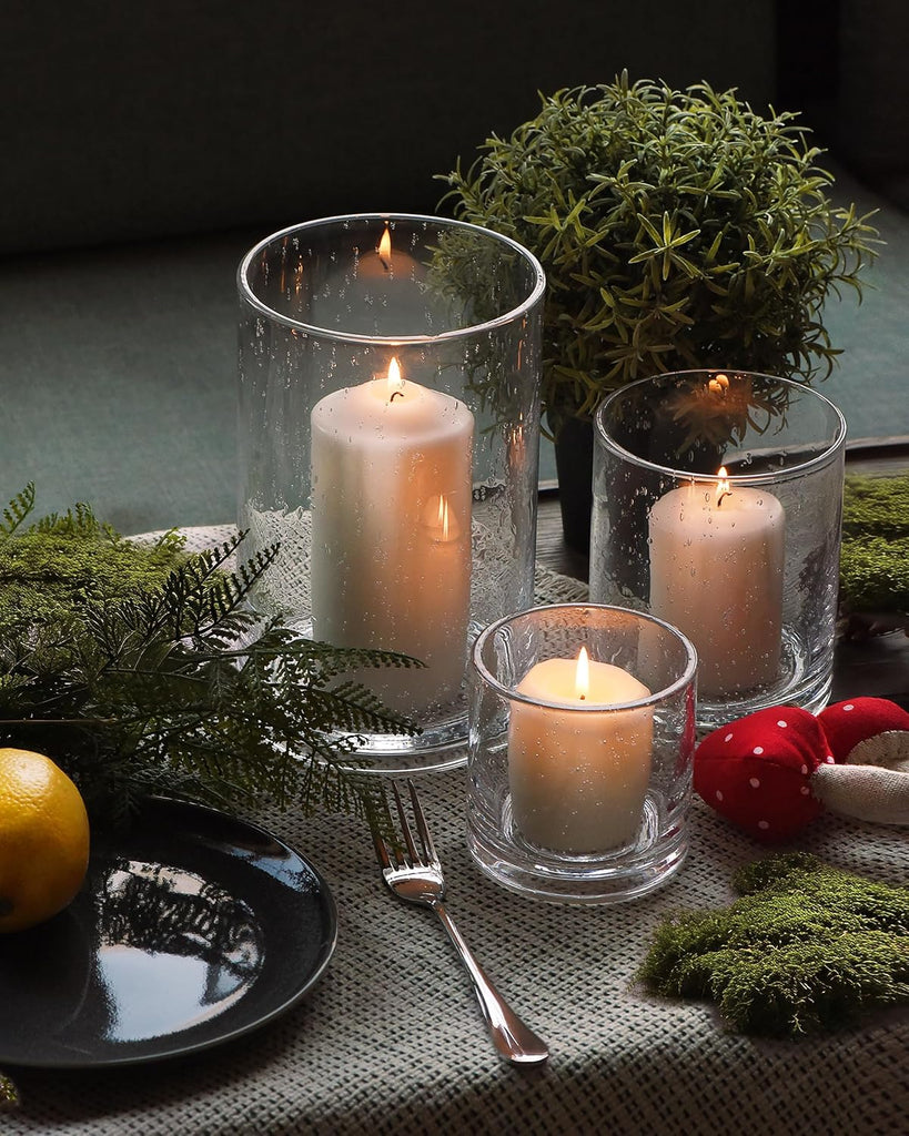 Glass Candle Holders Set, 3 Sizes 8" 5" 3.5" Height | Hurricane Vase Centerpieces, Clear Seeded Bubbles Cylinder For
