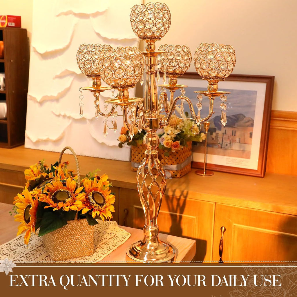 4 Pcs 5 Arm Crystal Candelabra Centerpieces for Table 27 Inch Retro Victorian Crystal Candle Holders Bowl Table