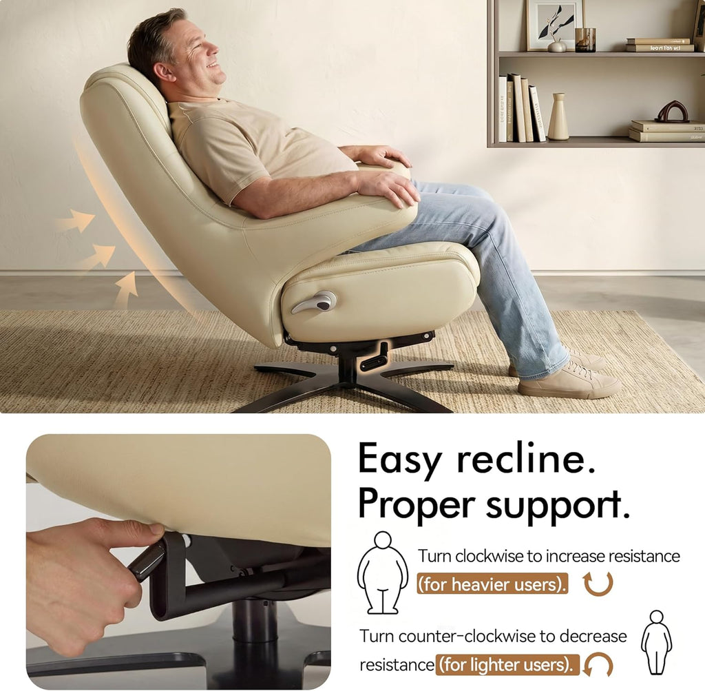 Modern Reclining Swivel Lounge Chair and Ottoman — White Genuine Leather
