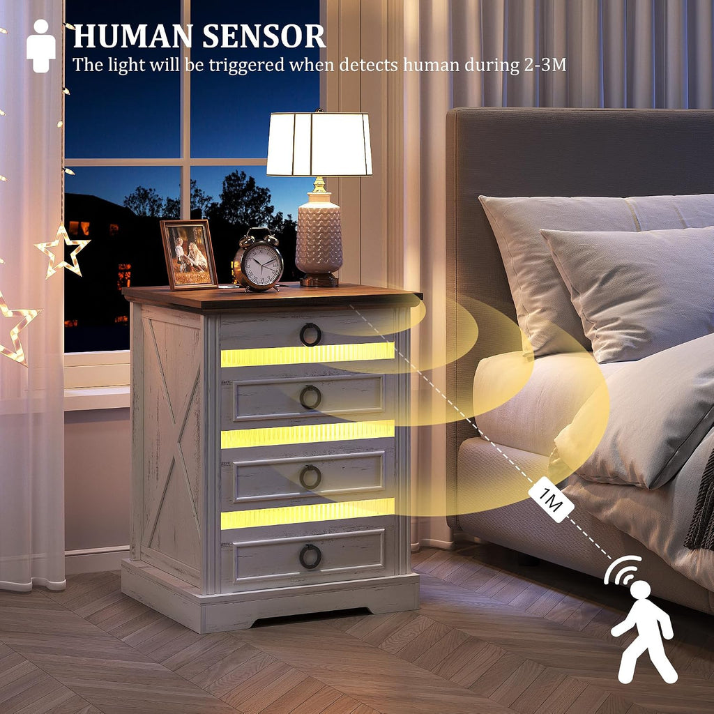 Farmhouse Night Stand Set 2 with Gun Drawer | Bedside Table with Charger Station, LED Nightstand with Human Sensor