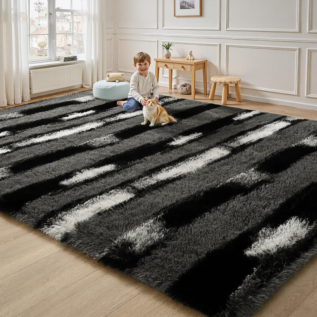 4x6 Fluffy Black and Grey Area Rug Striped