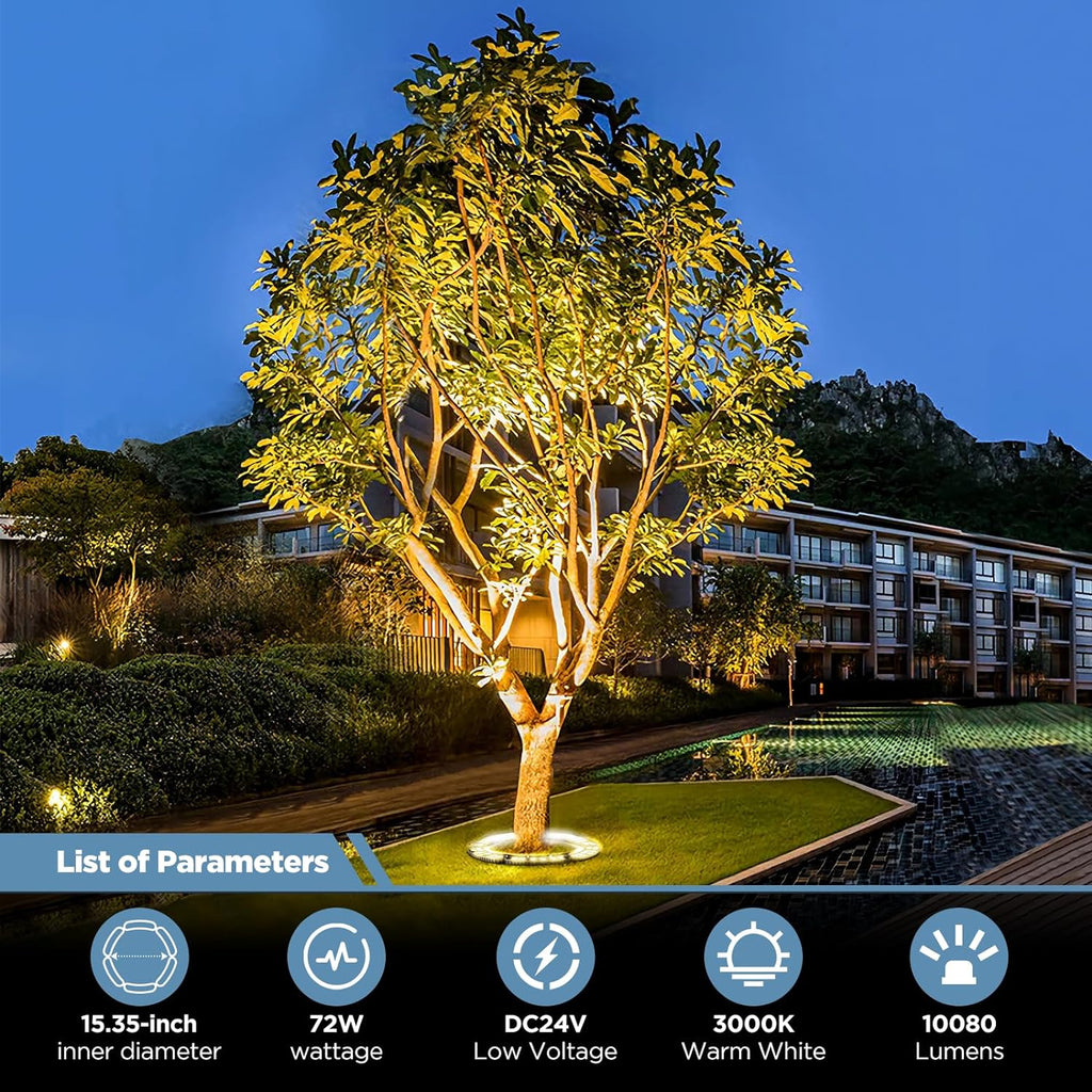 Outdoor Ring Tree Lights, 72W LED Landscape Uplighting for Trees, 3000K Warm White, Low Voltage IP65 Waterproof