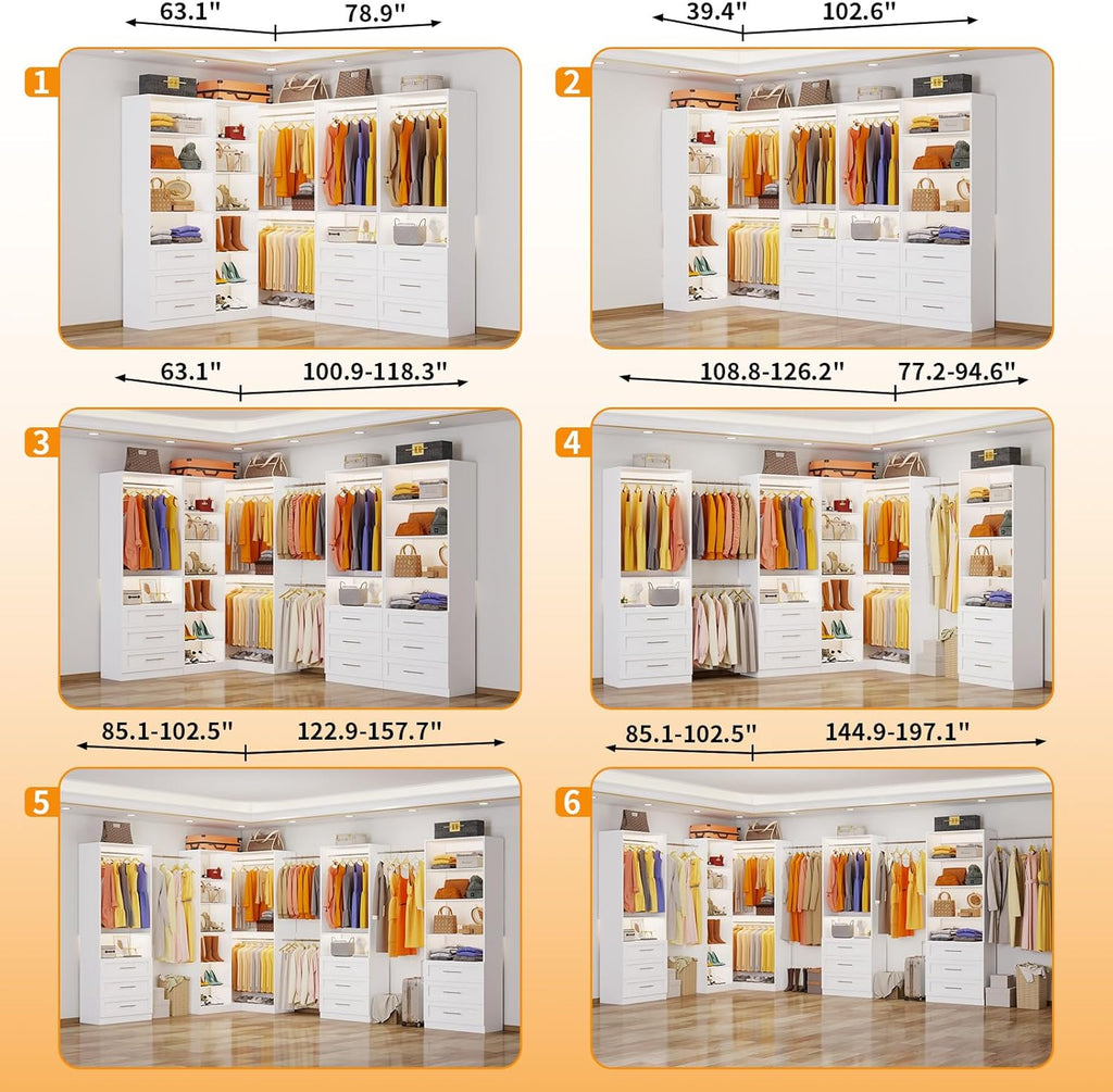 Closet System with 4 Sets, 8.5FT-21.5FT Corner Closet Organizer System with 9 Drawers & 12 Shelves & 8 Hanging Rods
