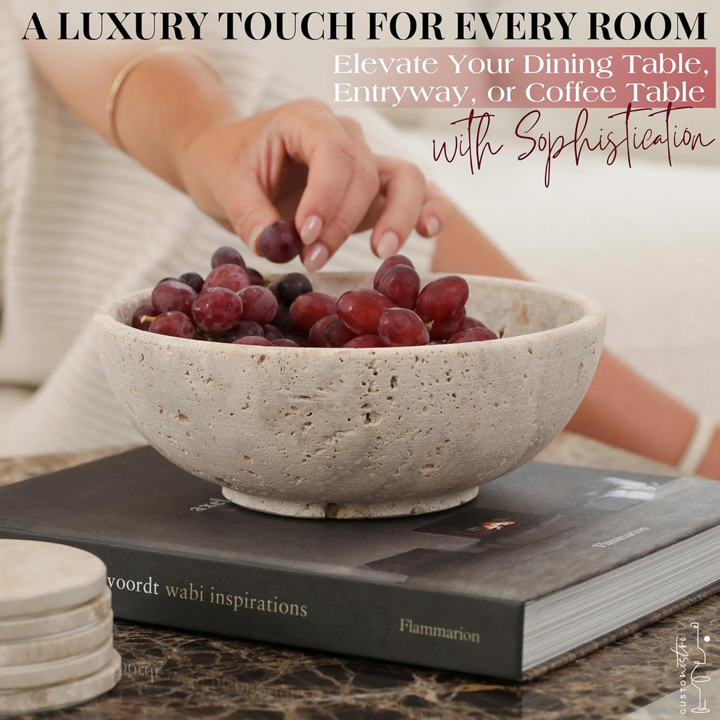 8" Decorative Travertine Bowl for Coffee Table - Elegant Centerpiece, Aesthetic Fruit Bowl Counter - Heavy Stone