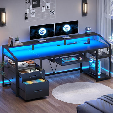 63" Computer Desk, Office Desk with Lockable Drawers for Legal/Letter File, Gaming Desk with LED Lights & Power