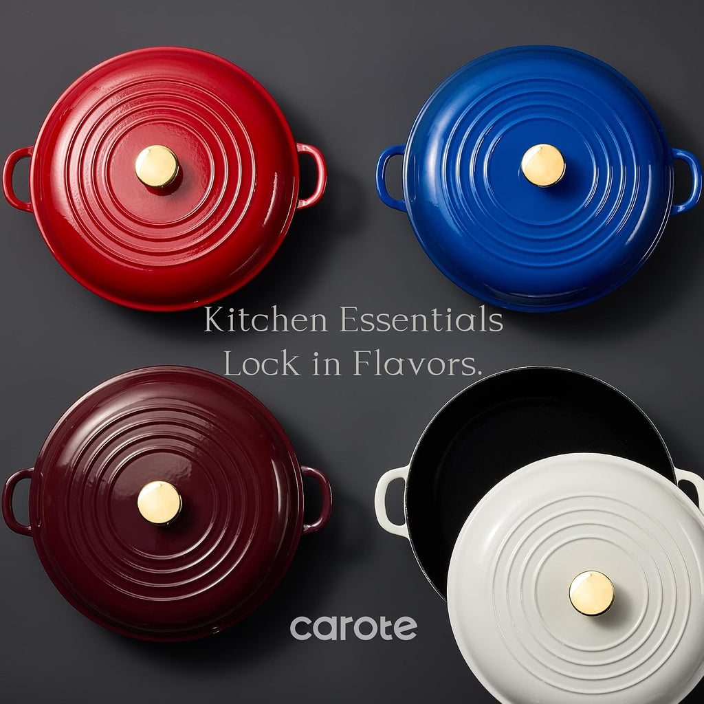 3.4QT Enamel Cast Iron Cookware, Skillet with Lid, Blue Dutch Oven | Shallow Round Braiser Pan Oven Safe, Non-Toxic