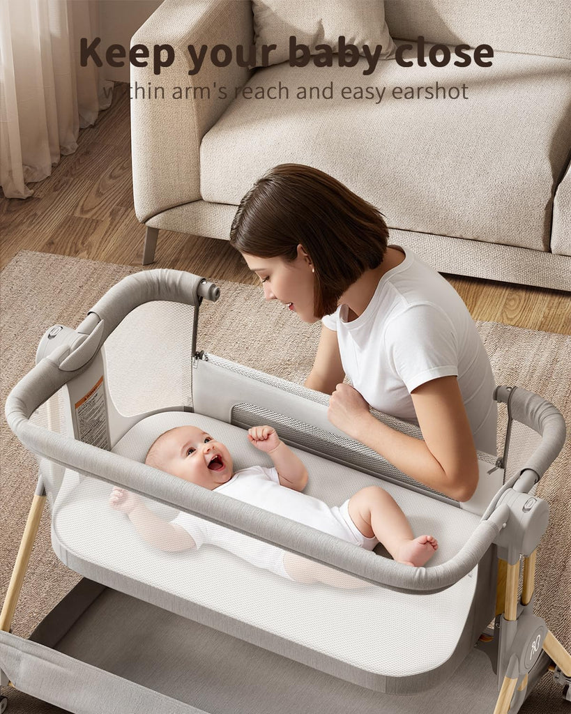 Bassinet, 3-in-1 Bedside Sleeper, One-Click Foldable Crib | Adjustable Height, Full-Mesh Sides, Zip-Down Access
