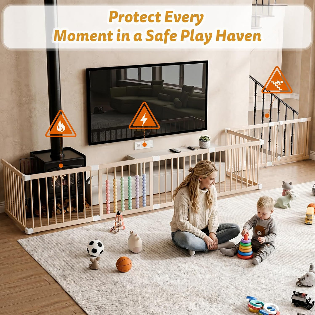 Large Wooden Baby Playpen - Size Adjustable Fence for Babies and Toddlers, Baby Play Yard with Locking Gate, Indoor