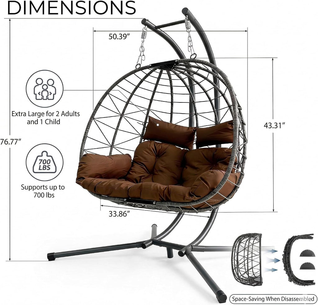 Extra Large Double Egg Swing Chair with Stand, 2-Person Outdoor Patio Hanging Chair with Cushions & Pillows