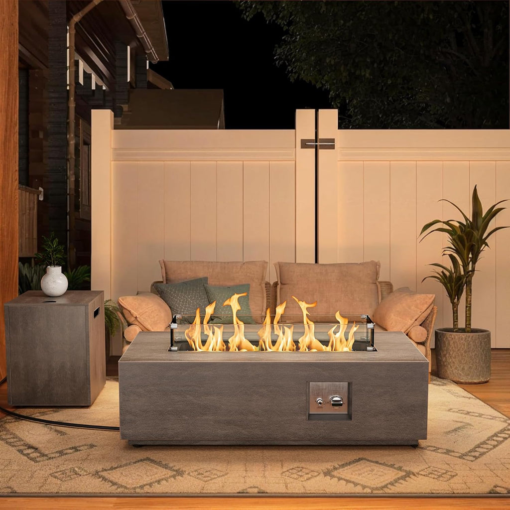 42" Rectangular Propane Fire Pit - 50,000 BTU Fire Table with Wind Guard Glass, Lid, Rocks and Cover