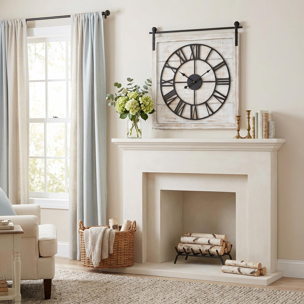 24 Inch Large Rustic Wall Clock, Farmhouse Square Wood Frame with Black Metal Barn Door Style Hanging Rod, Silent