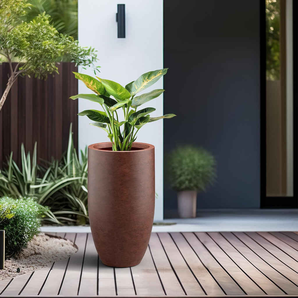 Large Round Tapered Rusty Concrete Planter 24" Tall, Outdoor | Rubber Plug for Indoor, Drainage for Garden