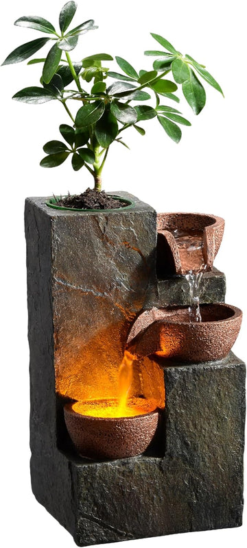 Tabletop Indoor Water Fountain - 3-Tier Rock Waterfall Fountain with Warm LED Light and DIY Planting Pot - Relaxing