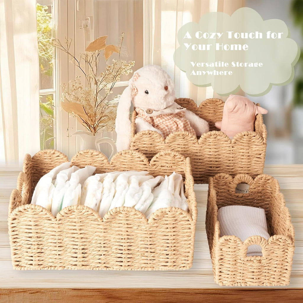 Scalloped Wicker Baskets Set of 3, Hand-Woven Storage with Handles | A set of 3 tan scalloped baskets with handles.
