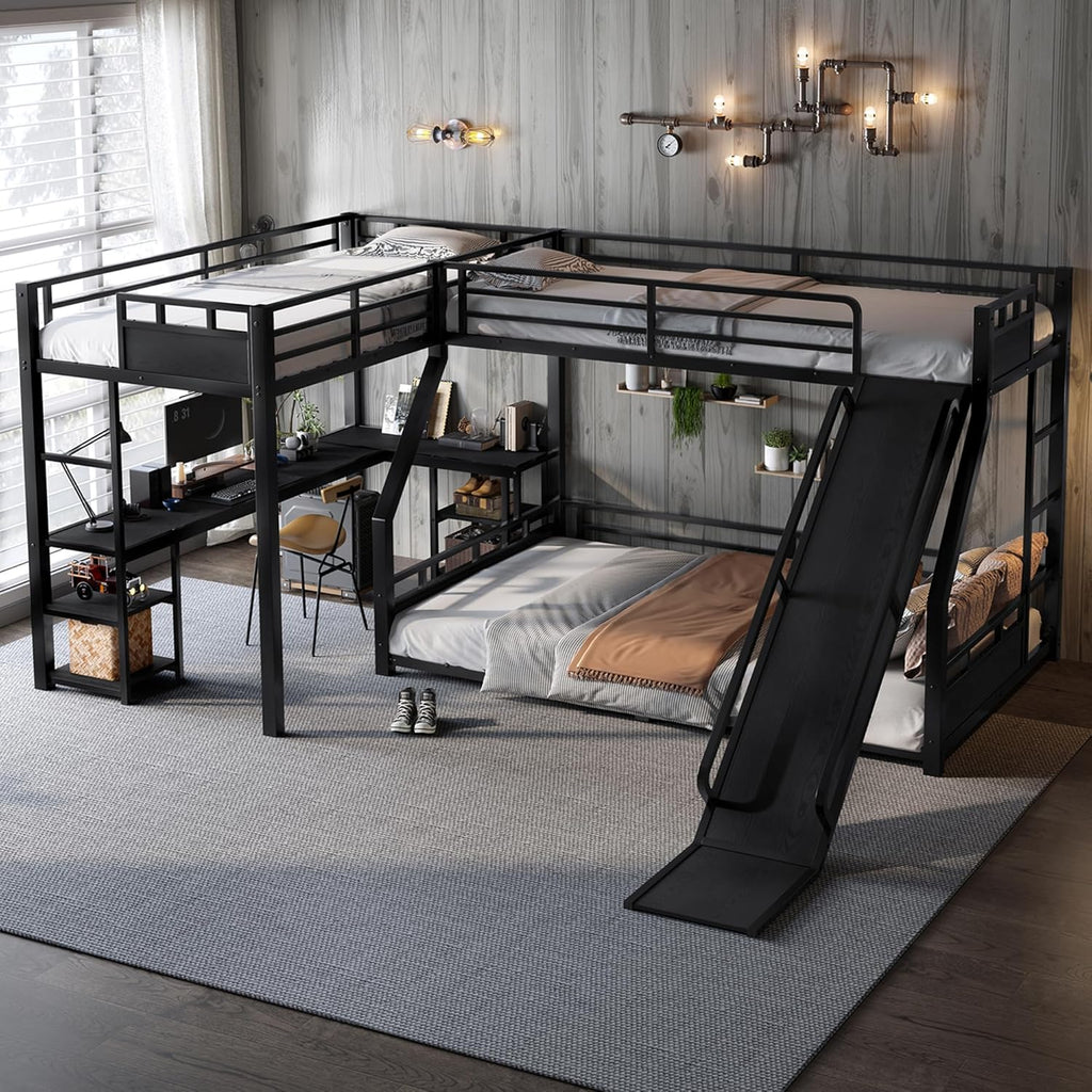 Twin XL Over Queen L Shaped Bunk Bed with Twin Loft Bed, Heavy Duty Metal Triple Bunk Bed with Slide