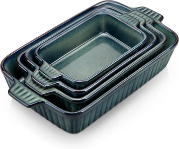 Ceramic Casserole Dishes for Oven, Reactive Glaze Dishes Set of 4, Deep Rectangular Lasagna Pans with Handles