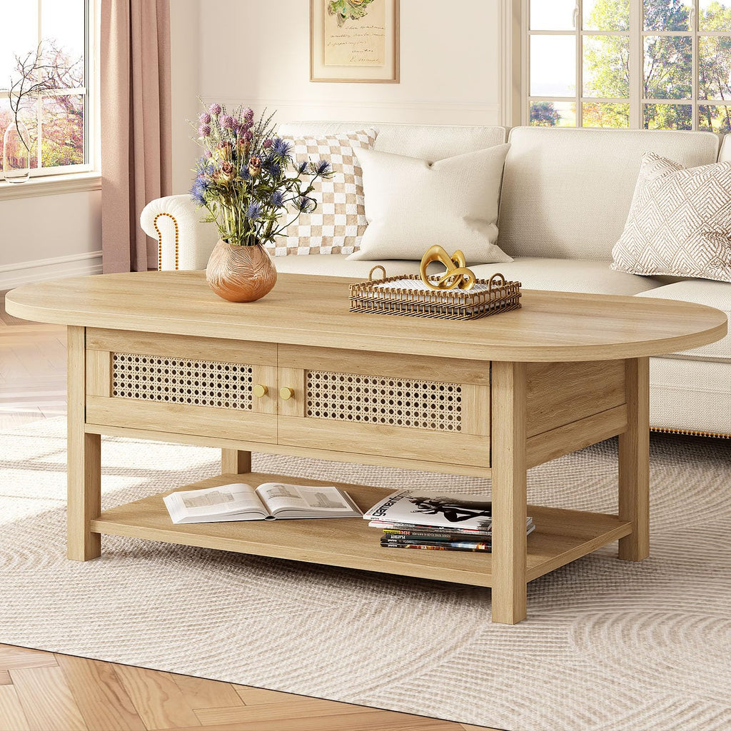 Oval Rattan Coffee Table, 47" Boho Wood Living Room Table with Storage