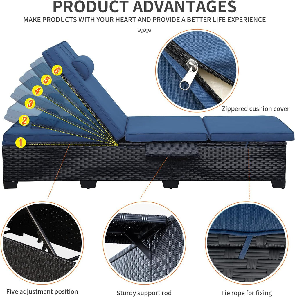 Outdoor Chaise Lounge Chairs for Outside Patio Furniture Set of 2 Wicker Recliner Black Rattan Sunbathing Lounger