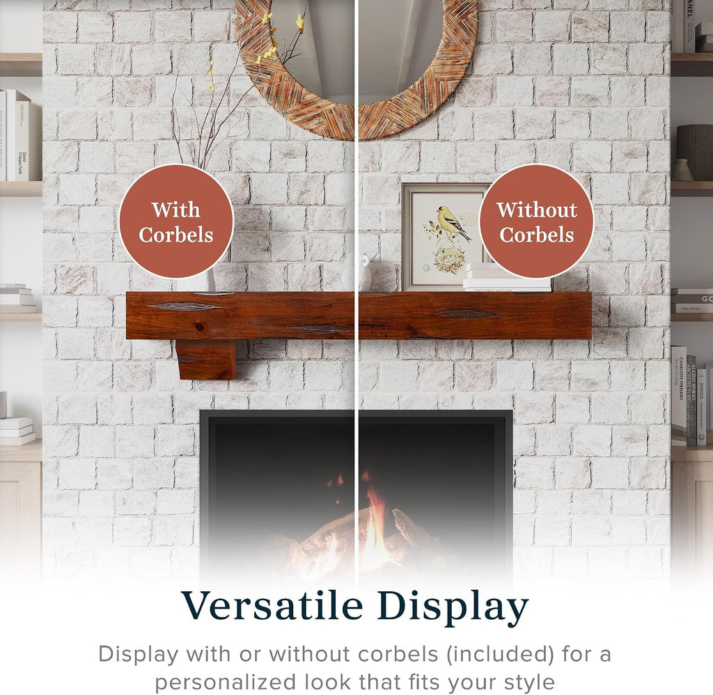60" Shelf with Corbels - Rustic Floating Mantel Shelf for Over Fireplace - Cinnamon - Wood Shelf for