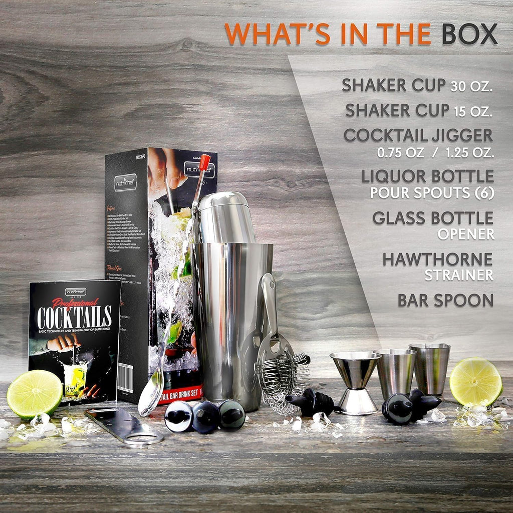 Mixology Bartender Cocktail Shaker Set - Includes 15 & 30 oz Stainless Steel Shakers, 6 Bottle Pourers & More