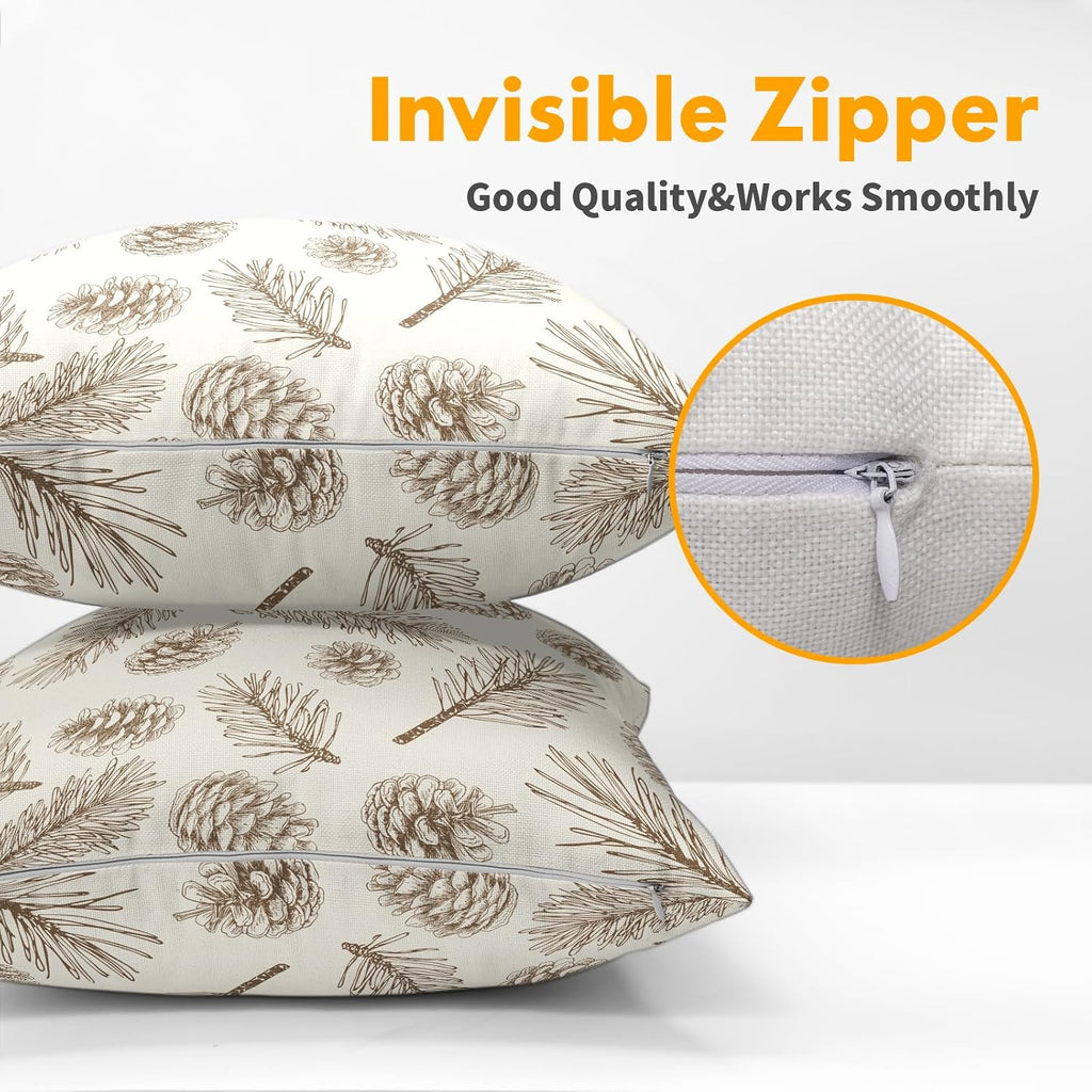 Winter Pinecone Pillow Covers 18 x 18 Inch Christmas Pine Cone Pattern Decoration Pillow Case Pine Needle - Set of 2