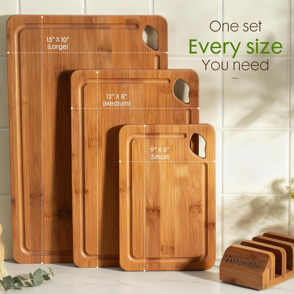 Deep-Carbonized Bamboo Cutting Boards with Wood Storage Stand, Reversible Charcuterie & Chopping Boards with Juice