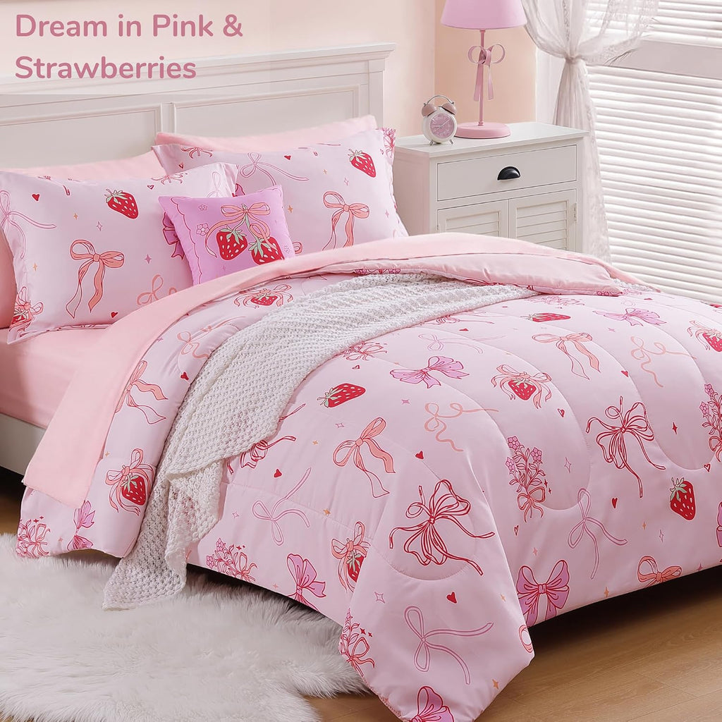 Comforter Set for Girls - 4 Pieces Pink Bow Bedding Sets for Kids, 1 Comforter, 2 Shams and 1 Decor Pillow