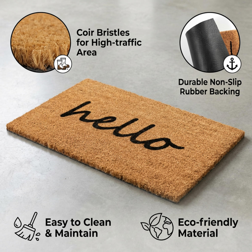 2-Piece Layered Front Doormat Set, Fall Decor Hello Natural Coco Coir Door Mat + 28"x43" Black and White Buffalo