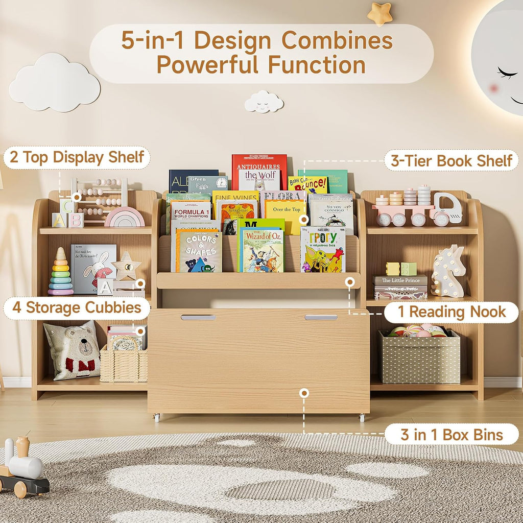 Kids Bookshelf with Reading Nook, 64.5" Toy Storage Organizer with Movable Bench with 3 Storage, Kids Bookcase with