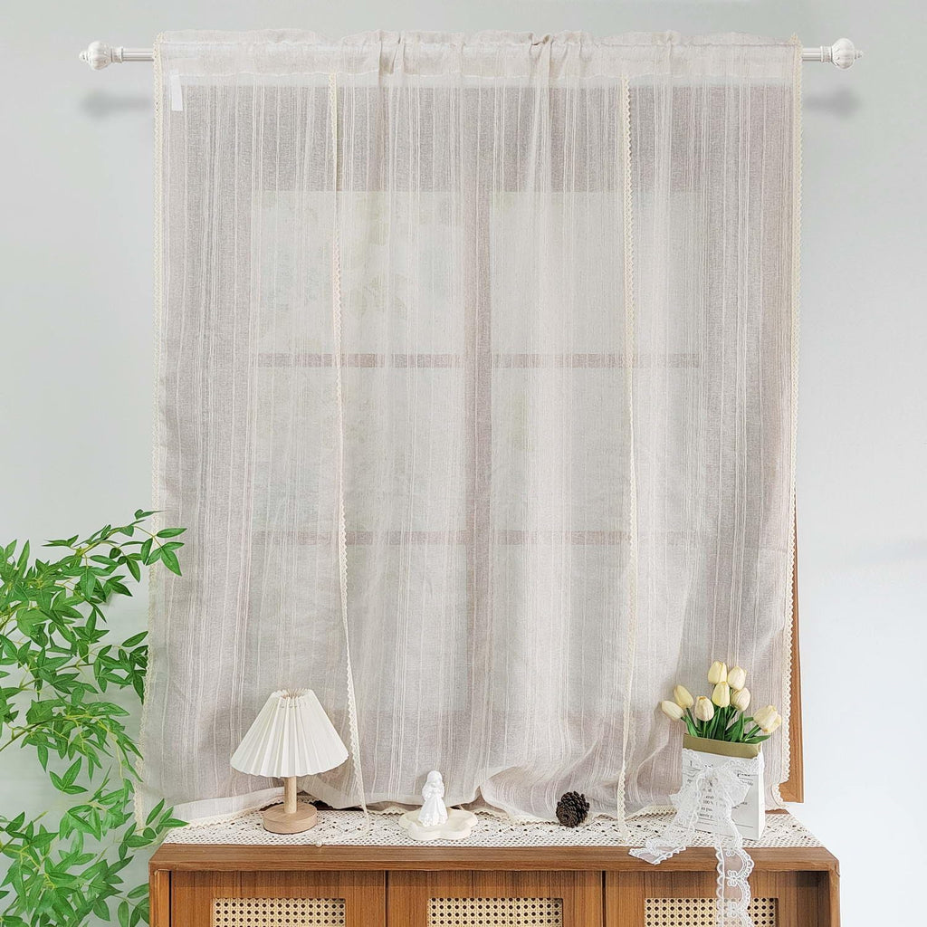 Beige Crochet Linen Striped Tie Up Sheer Curtain Valance Window
