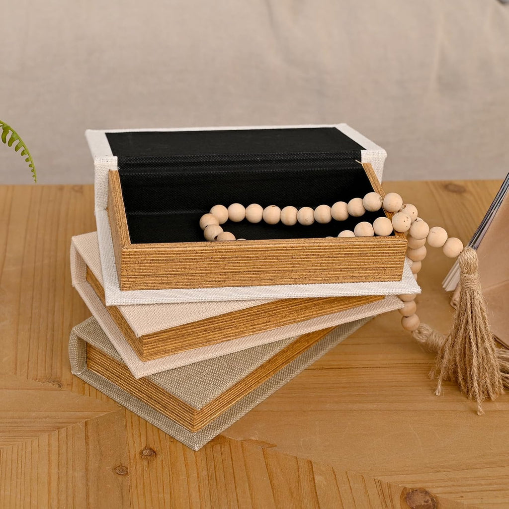 Modern Linen and Wood Decorative Faux Book Boxes Set of 3, 8",Taupe,Beige,Off White