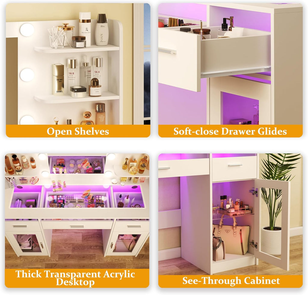 Vanity Desk, Makeup Vanity Desk with Mirror and Lights 3 Colors, Transparent Top with 3 RGB Drawers, 6 Shelves, 2