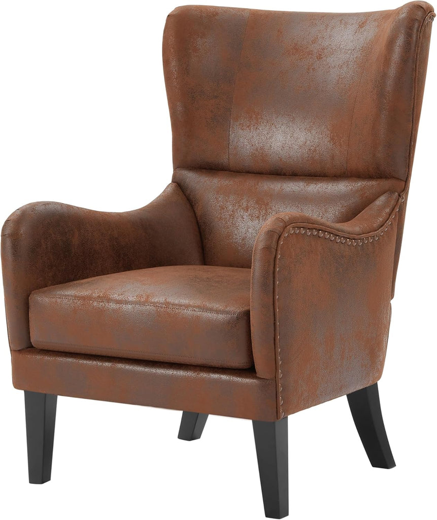 Modern Wingback Club Chair and Ottoman — Brown Suede