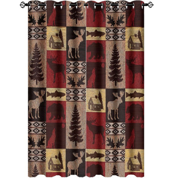 Rustic Cabin Curtains - Vintage Farmhouse Hunting Theme Moose Bear Elk Tree Plaid Window Drapes, Energy Saving