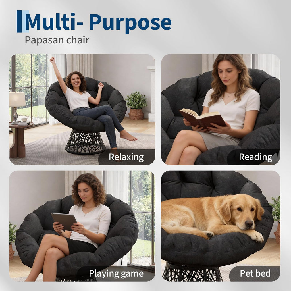 40" Ergonomic Wicker Papasan Chair with Extra-Thick Soft Cushion