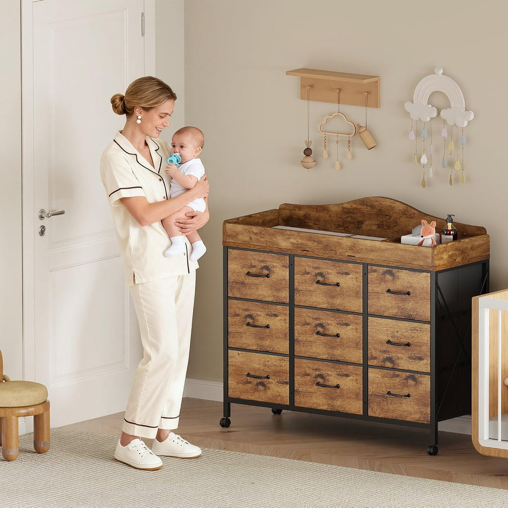Baby Changing Table, 9 Fabric Boxes, Waterproof Pad, Mobile, Rustic Brown | Changing Table,Waterproof Diaper pad &