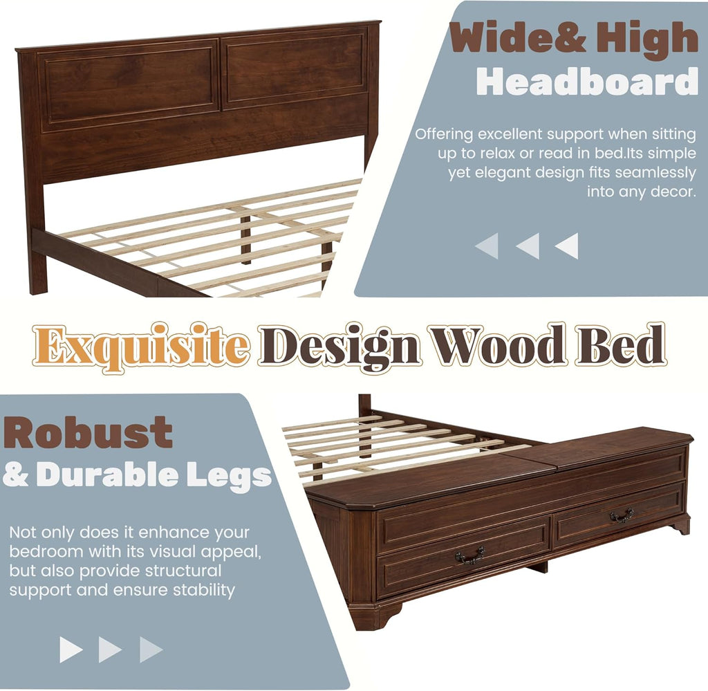 Farmhouse Queen Bed Frame with Tall Headboard, Rustic Solid Wood Platform Bed Queen with Storage Bench and 2 Large